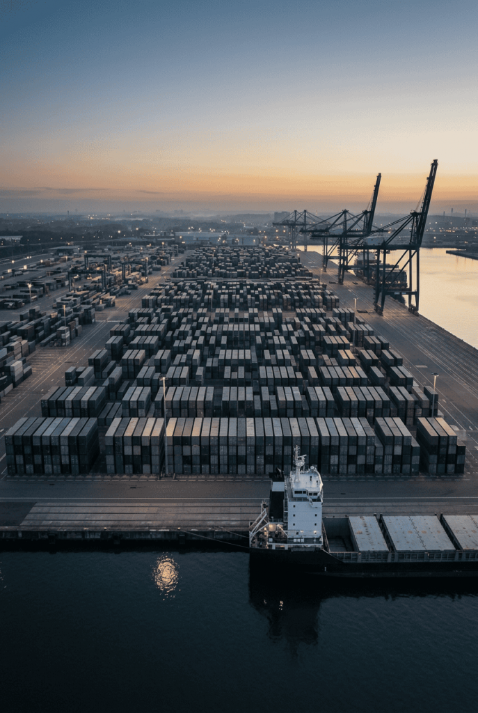 Containerterminal in der Abenddämmerung – Symbolbild für Exportkontrolle und Außenwirtschaftsrecht